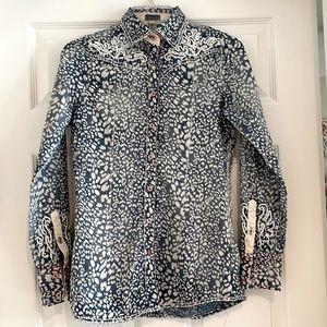 Destined to Roar Blue Western Blouse with Rhinestones